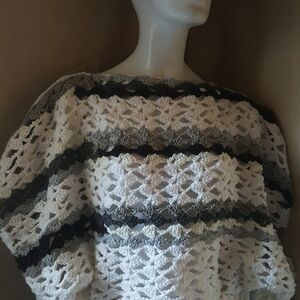 Chunky Crochet Open-Stitch White and Gray Women's Sweater